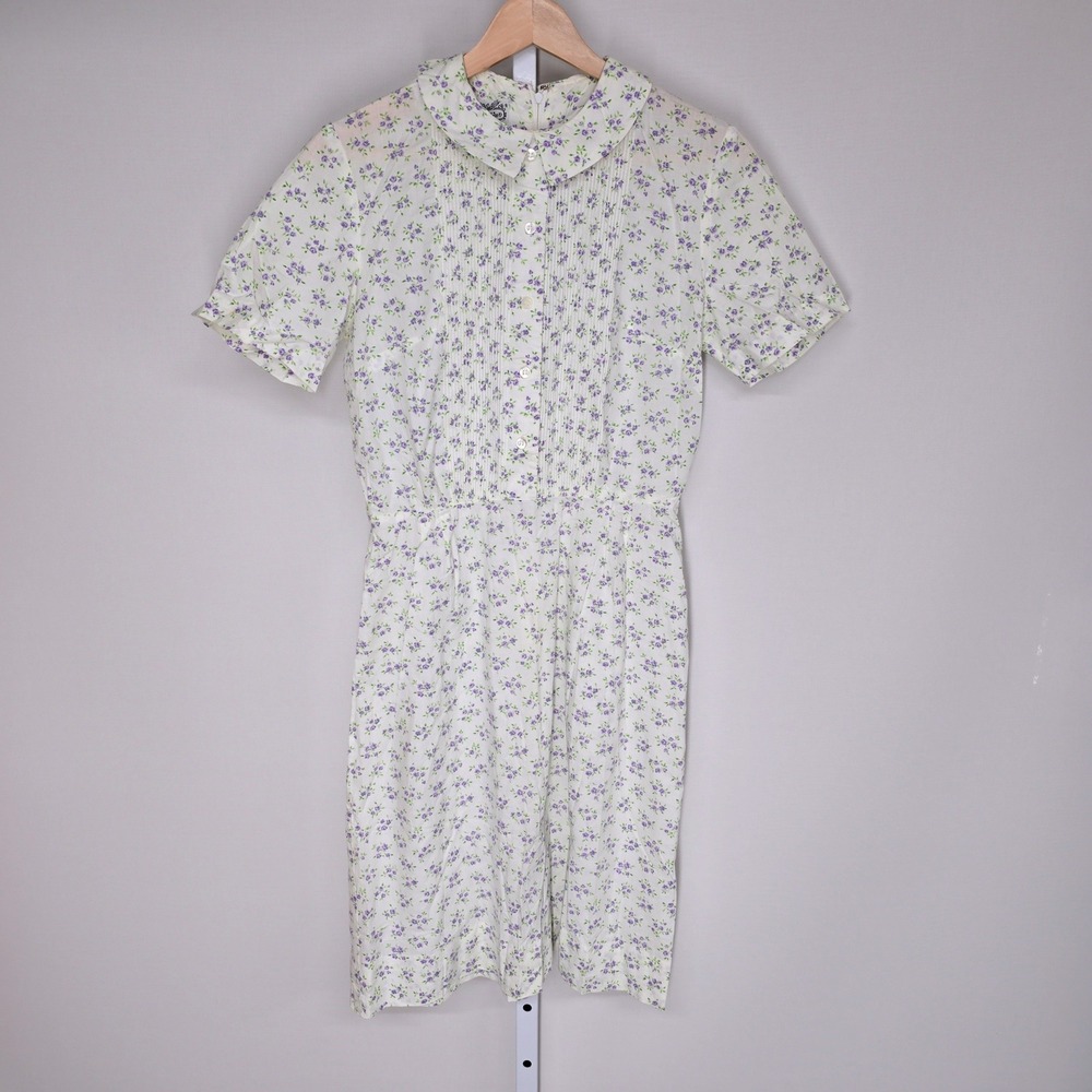 Villager Vintage Floral Dress White Purple Peter Pan Collar Size 12 Short Slv